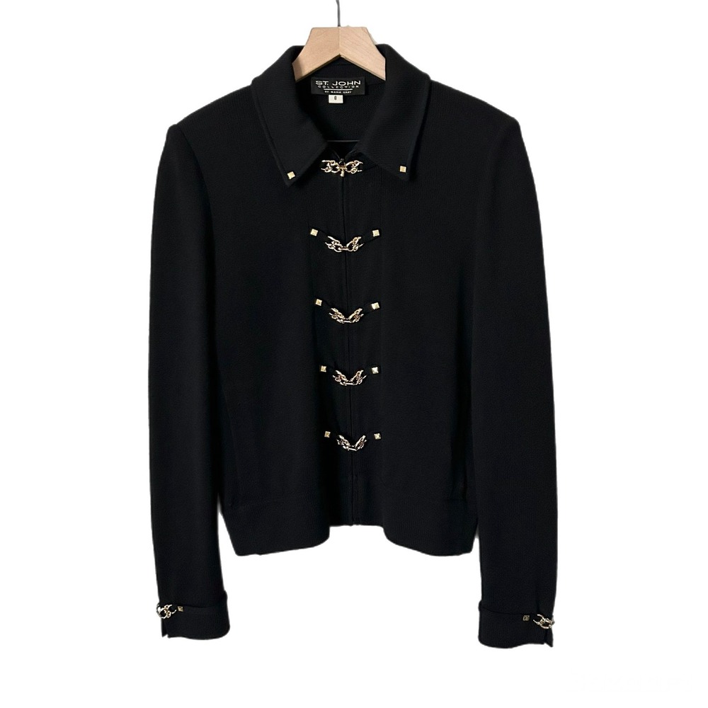 Vintage St John Collection Santana Knit Jacket Wool Black Chain Studded Size 8